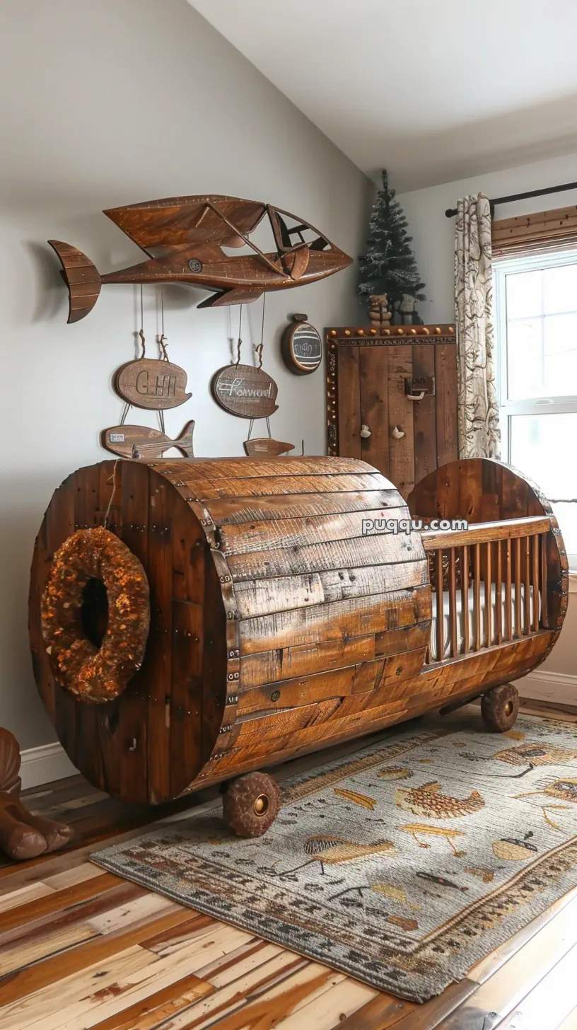 Wooden airplane-themed crib in a nursery with aviation decor and a small Christmas tree in the corner.