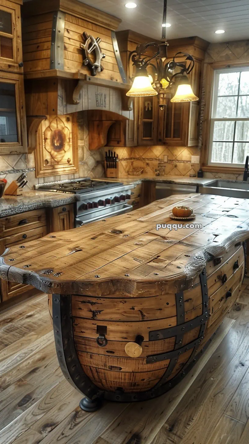 Rustic kitchen with wooden ship-themed island and cabinetry, featuring metal accents and pendant lighting.