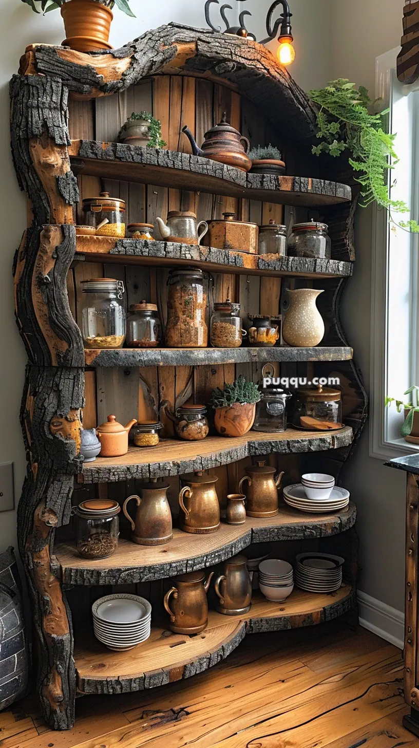 Rustic wooden shelf with bark edges, holding jars, pottery, and copper mugs, adorned with plants.