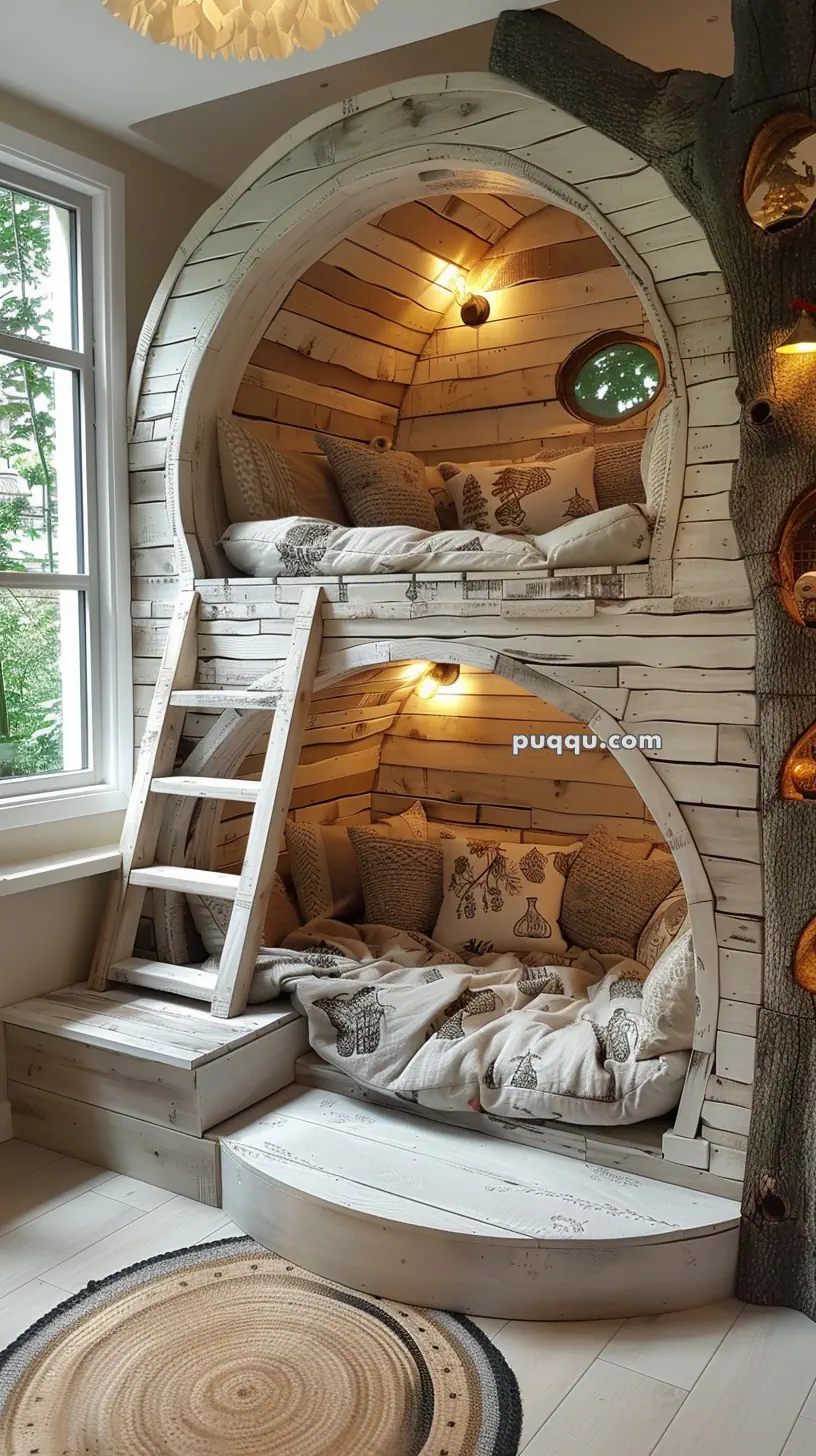 Cozy treehouse-themed bunk beds with wooden design and decorative pillows, next to a large window.