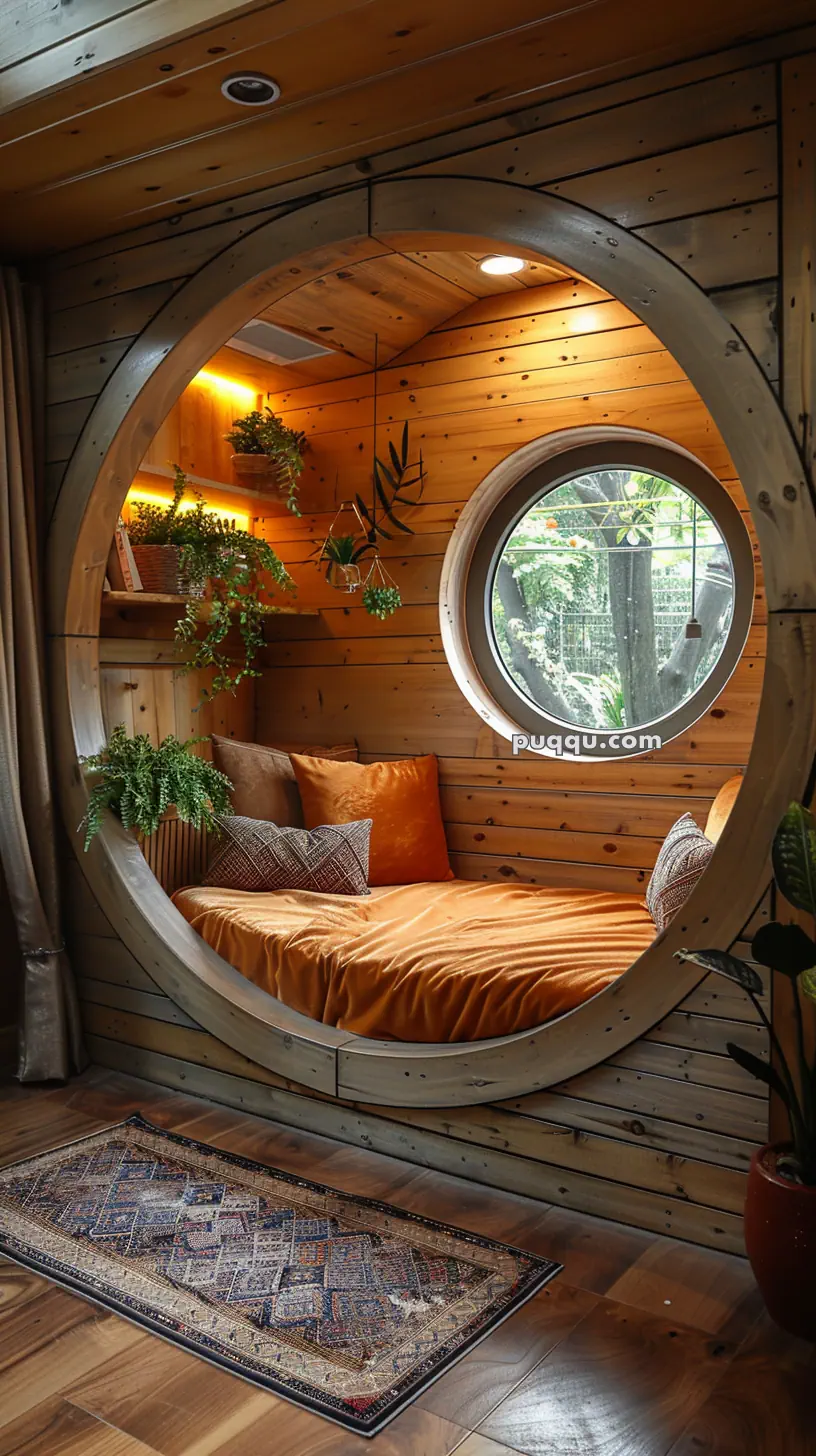 Cozy wooden interior with a circular window, bed with orange bedding, shelves with plants, and a patterned rug on the floor.