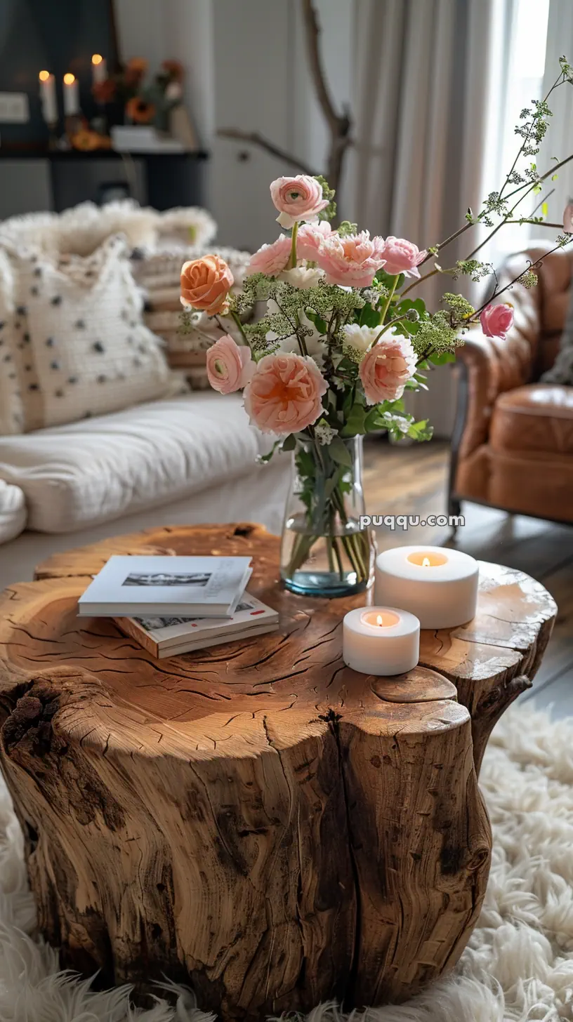 Rustic wooden coffee table decorated with a vase of pink and peach flowers, two white lit candles, and stacked books, in a cozy living room setting.