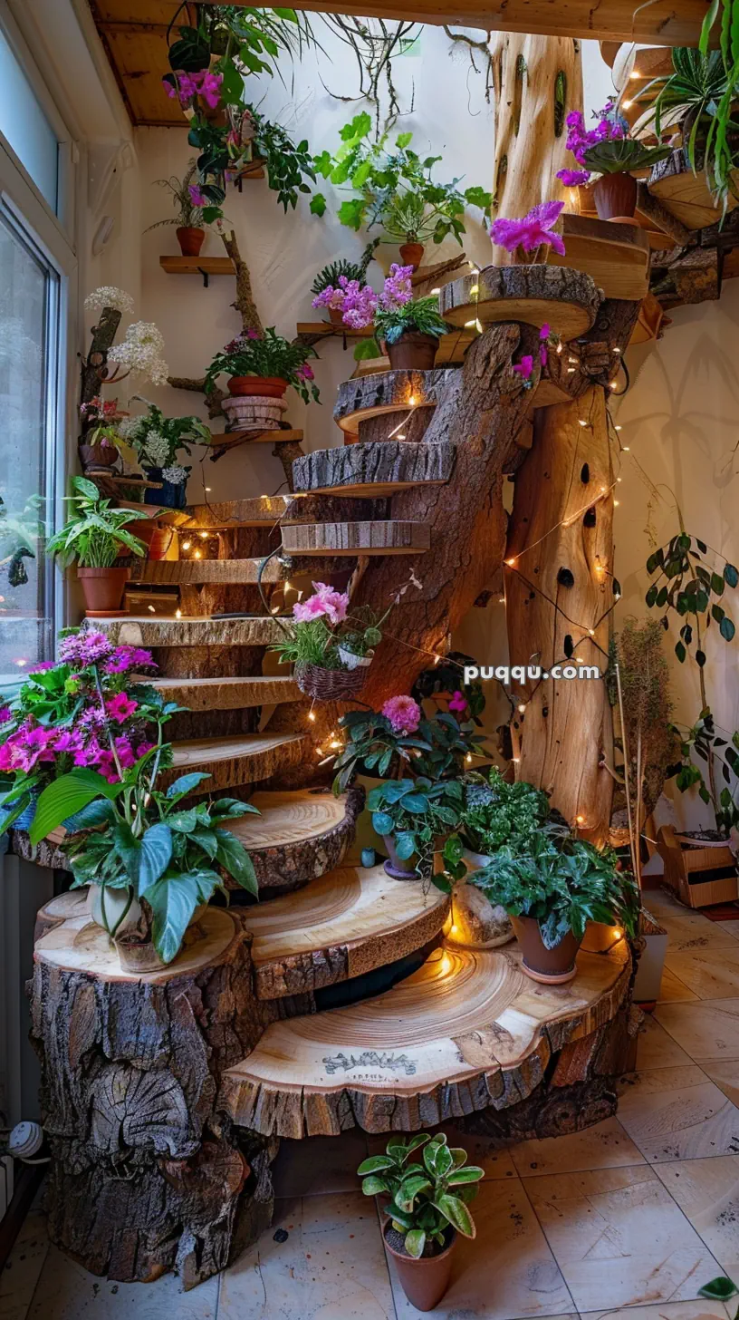 A rustic indoor staircase made of wooden slabs, adorned with potted plants and fairy lights.