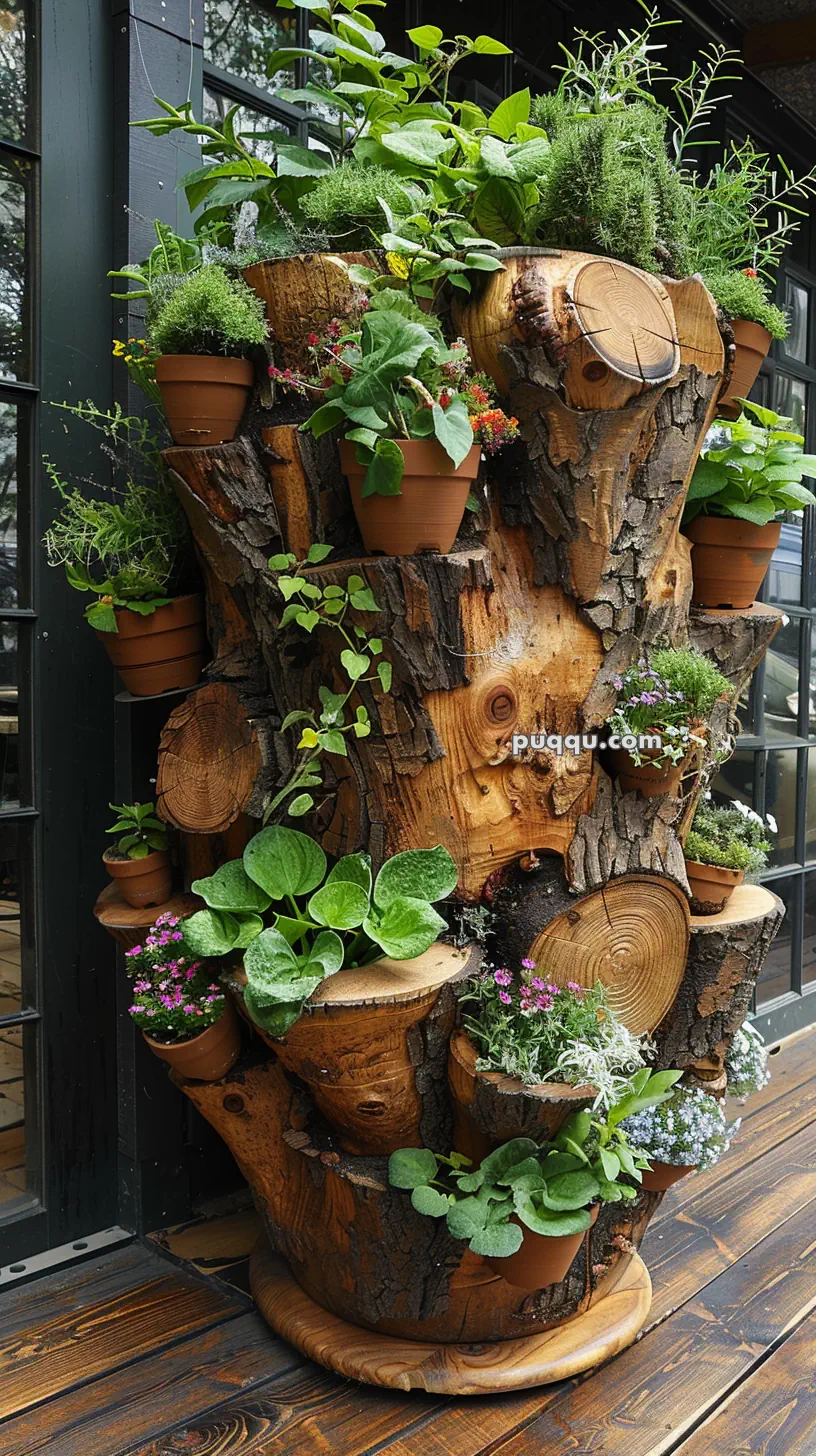 Tree stump with various potted plants and flowers embedded, arranged vertically on a wooden deck.