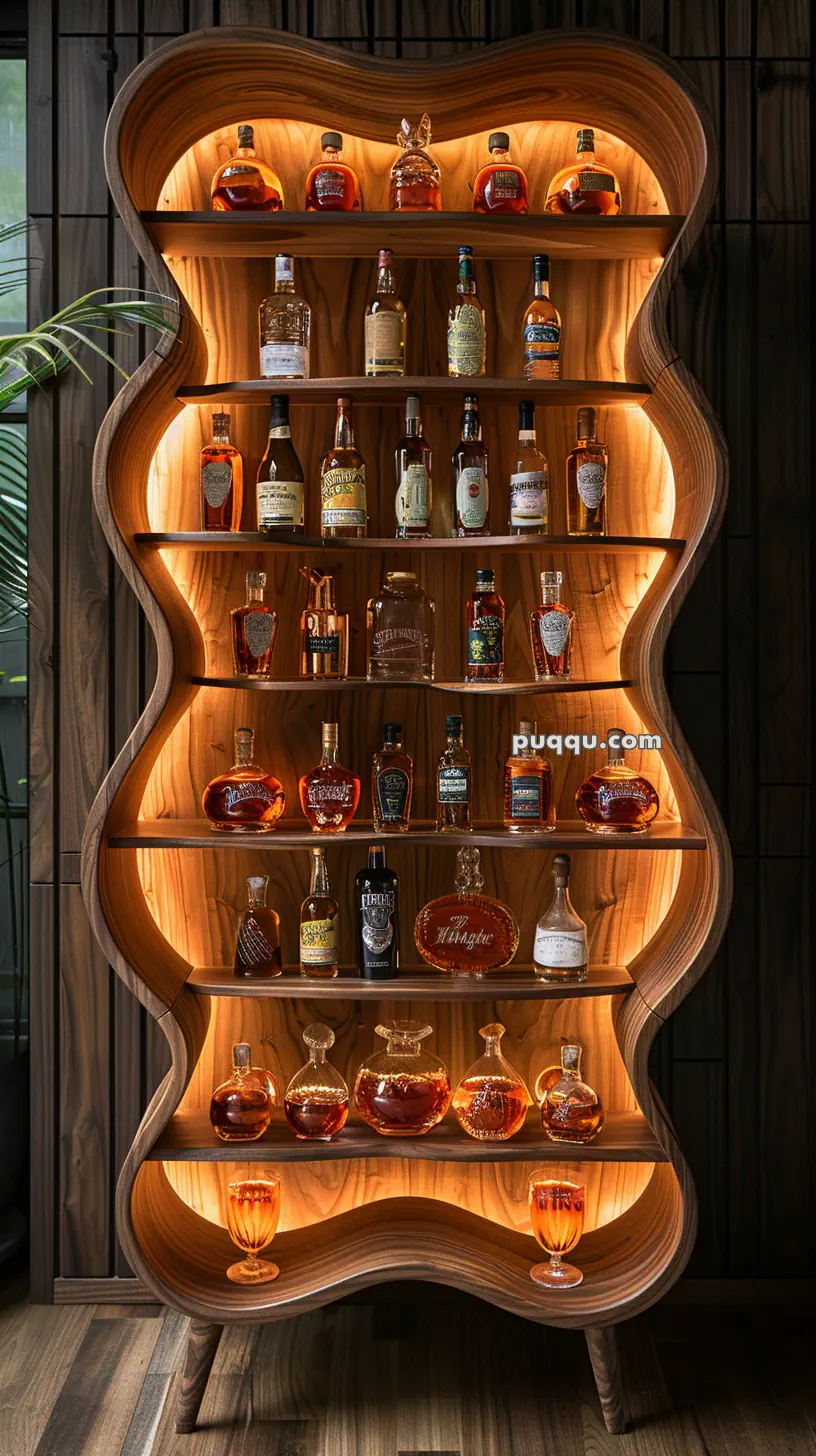 Curved wooden liquor cabinet with illuminated shelves displaying various bottles and glasses.