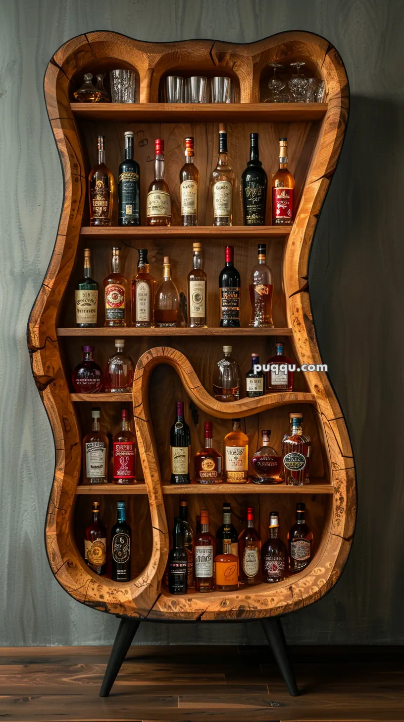 Wooden liquor cabinet with a unique curved design, displaying various bottles and glassware.