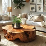 A cozy living room with a large wooden coffee table, white sofas, a woven rug, and houseplants. Sunlight streams in through large windows.