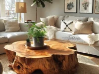 A cozy living room with a large wooden coffee table, white sofas, a woven rug, and houseplants. Sunlight streams in through large windows.