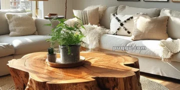 A cozy living room with a large wooden coffee table, white sofas, a woven rug, and houseplants. Sunlight streams in through large windows.