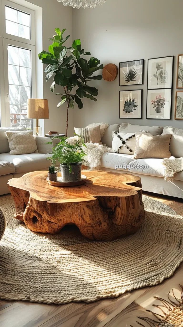 A cozy living room with a large wooden coffee table, white sofas, a woven rug, and houseplants. Sunlight streams in through large windows.