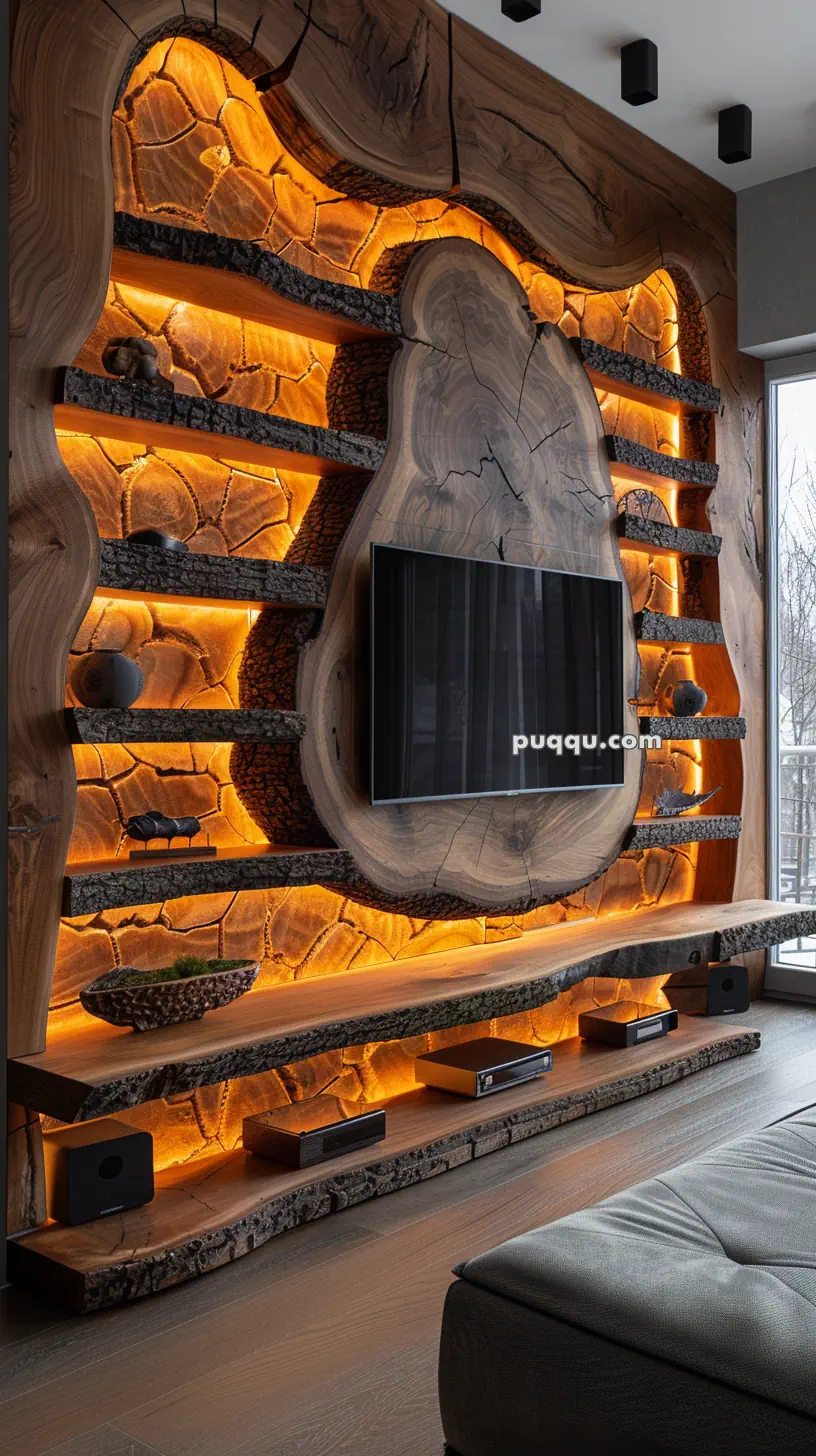 Rustic wooden TV wall unit with glowing orange backlighting and natural wood shelves.