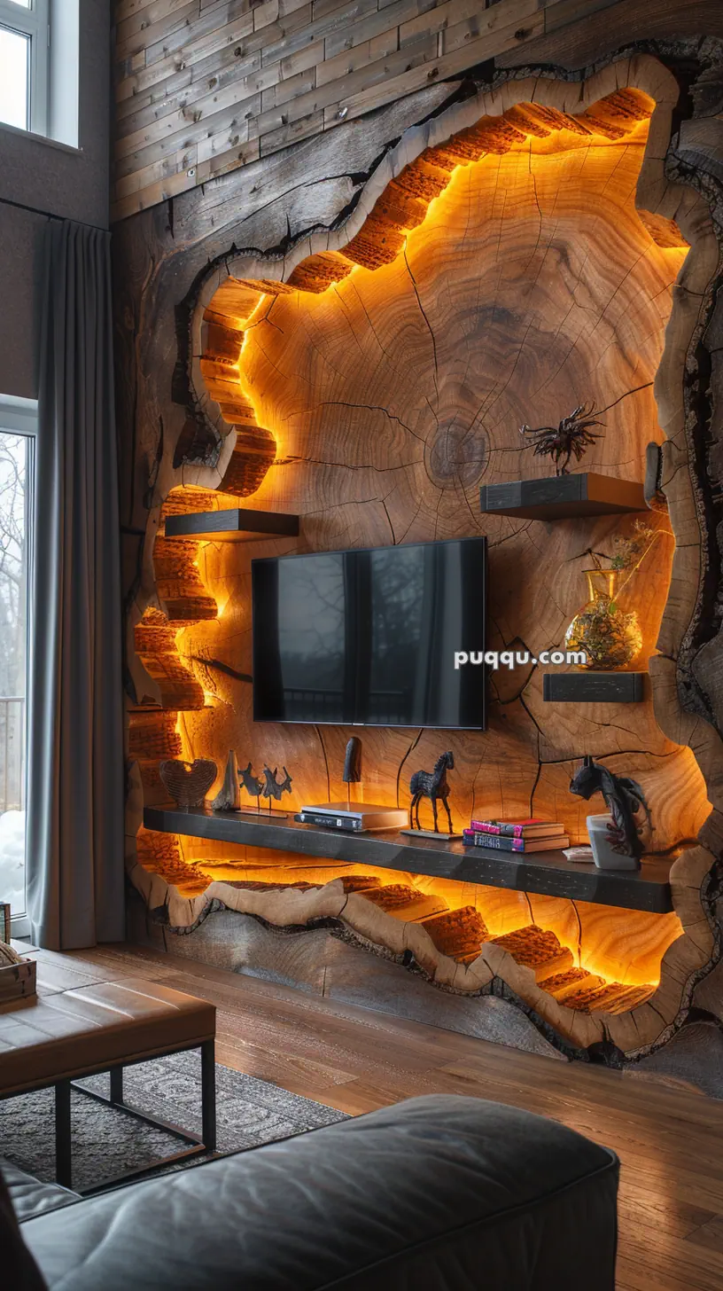 Rustic living room with a wall-mounted TV surrounded by a large slab of wood featuring illuminated shelving and decorative items.