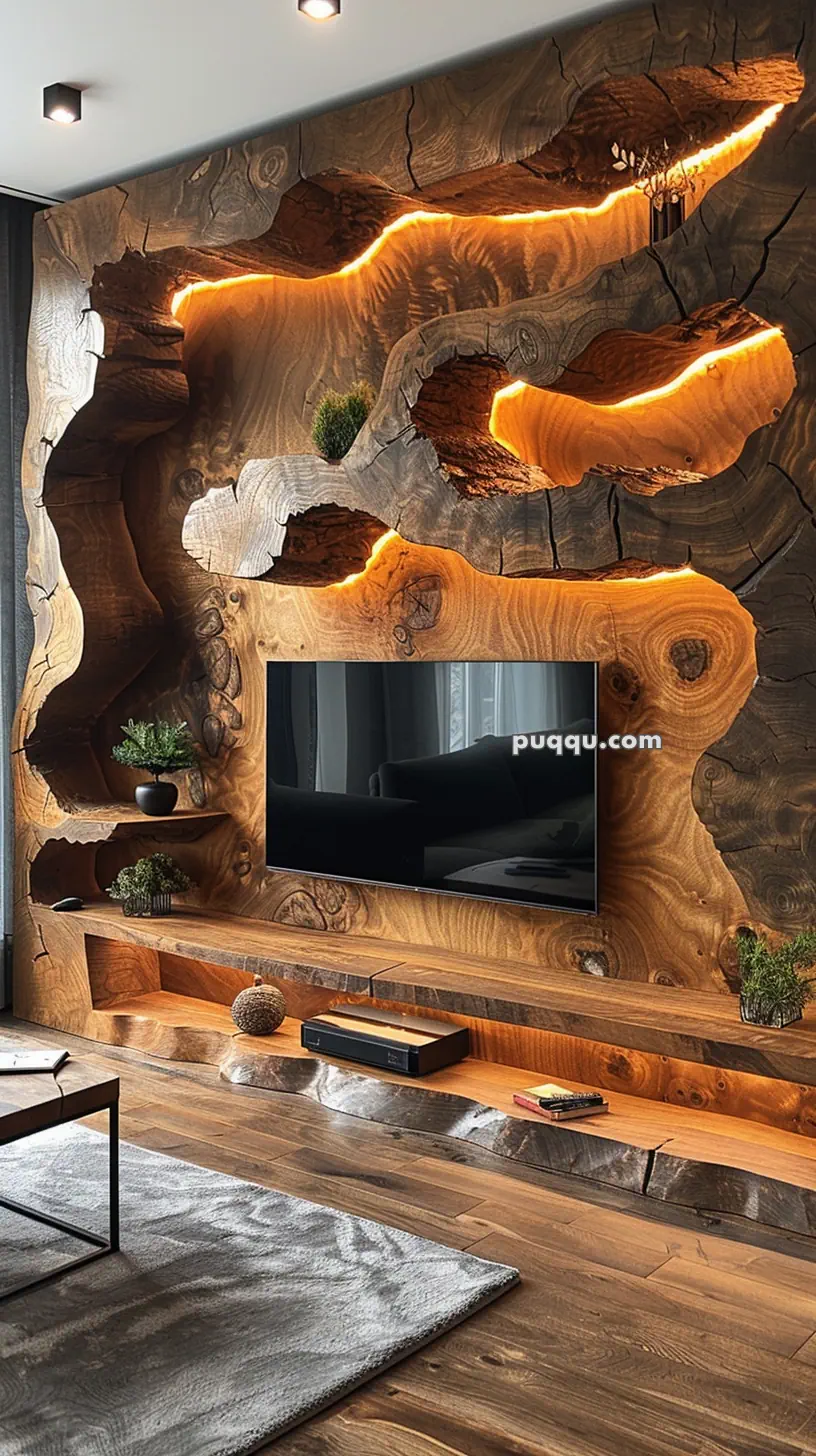 Wooden feature wall with intricate natural patterns and shelves, illuminated by warm lighting, showcasing a mounted TV and decorated with plants.