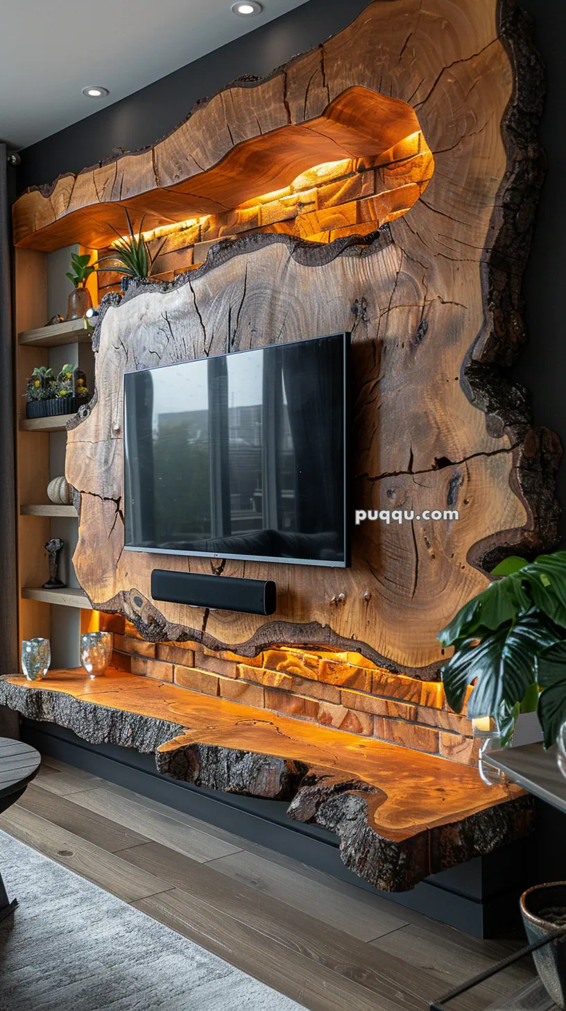 Rustic TV wall mount with large wooden slabs featuring natural edges and integrated backlighting, surrounded by shelving and plants.