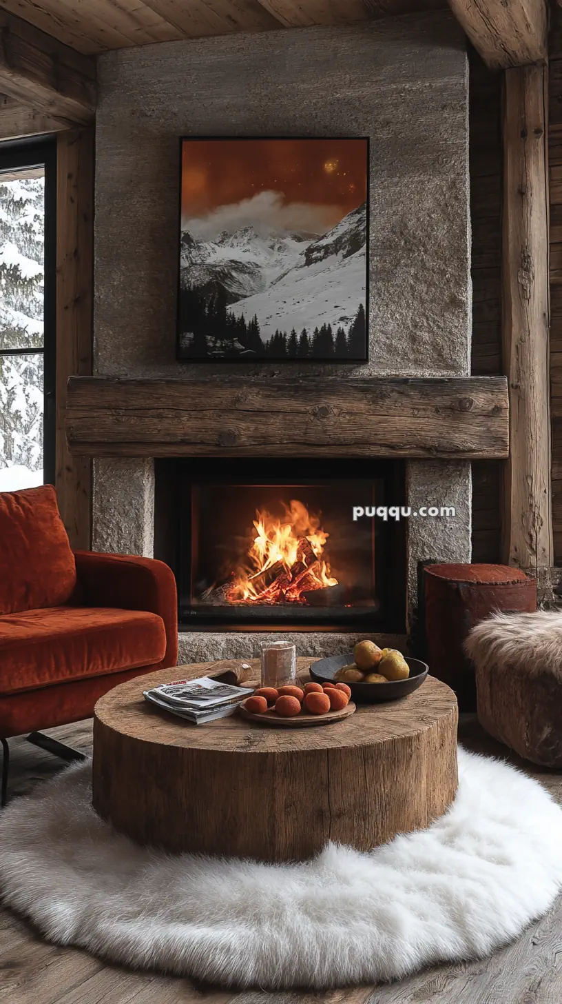 Cozy living room with a roaring fireplace, rustic wood and stone decor, an orange armchair, and a wooden coffee table on a white fluffy rug.