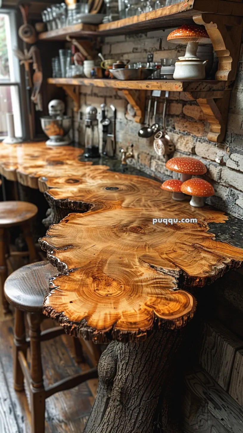 Rustic kitchen with live-edge wooden countertop, brick wall, wooden shelves holding glassware, and decorative red mushrooms.