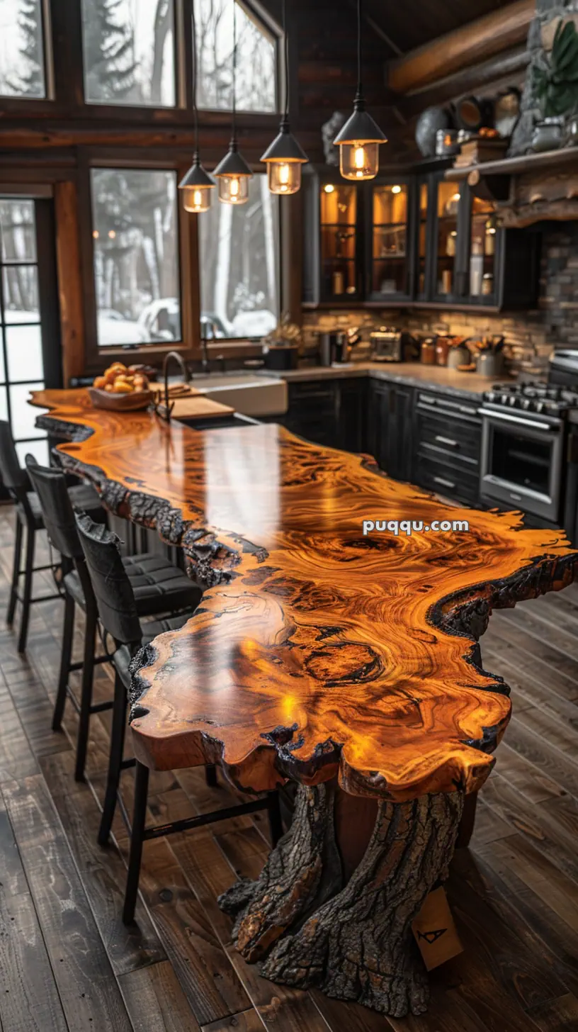 Rustic kitchen with a large, live-edge wooden island and hanging pendant lights.