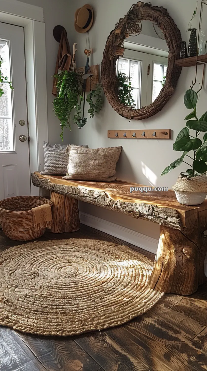 Rustic entryway with a wooden bench, wicker basket, round jute rug, mirror with a wooden frame, hanging plants, and a hat on the wall.