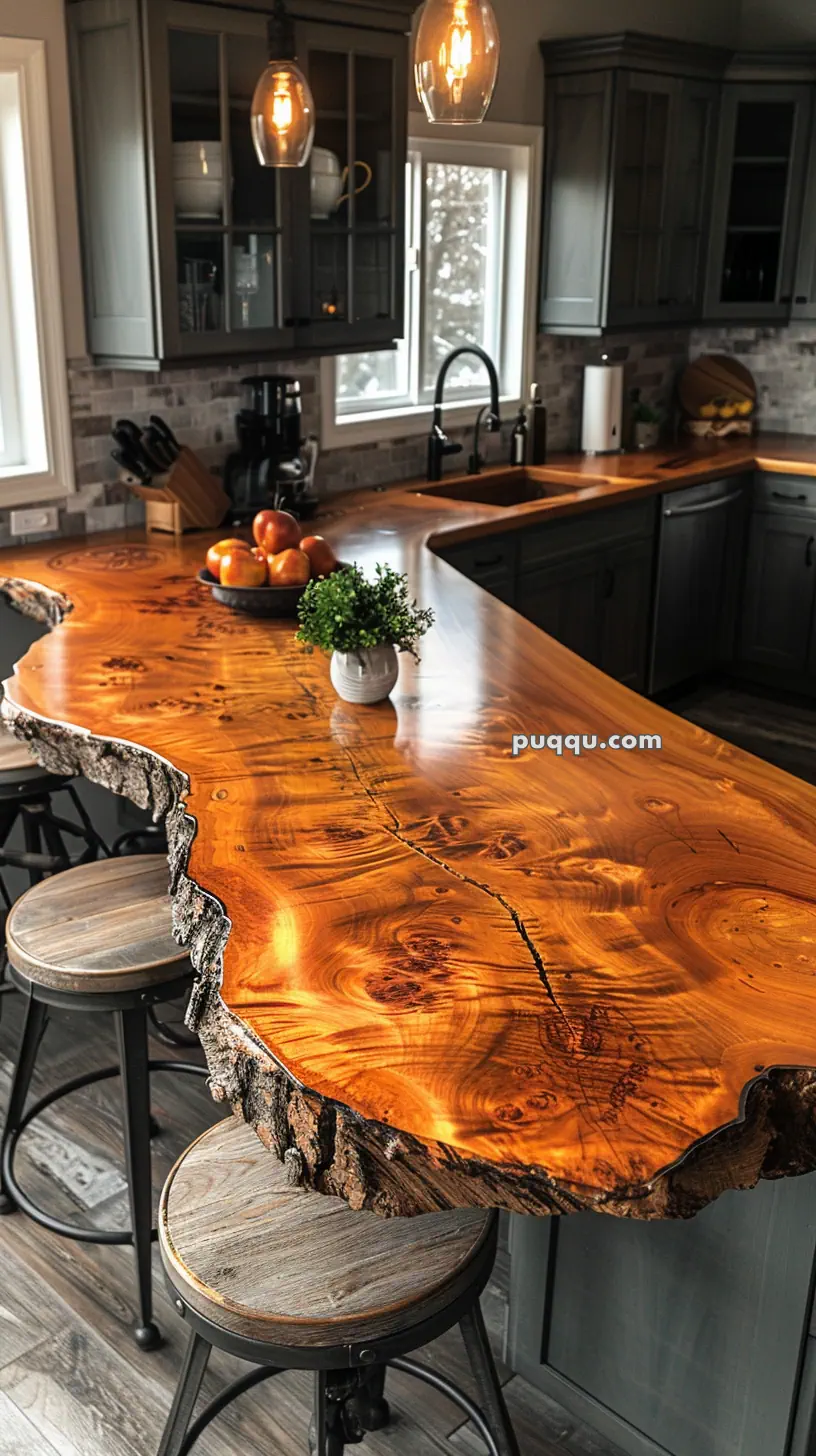 Kitchen with a polished live edge wooden countertop, bar stools, and modern pendant lights.