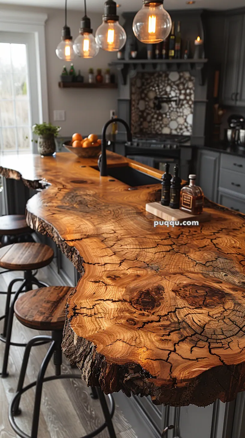 Rustic kitchen with a live-edge wooden countertop, vintage-style pendant lights, and bar stools.