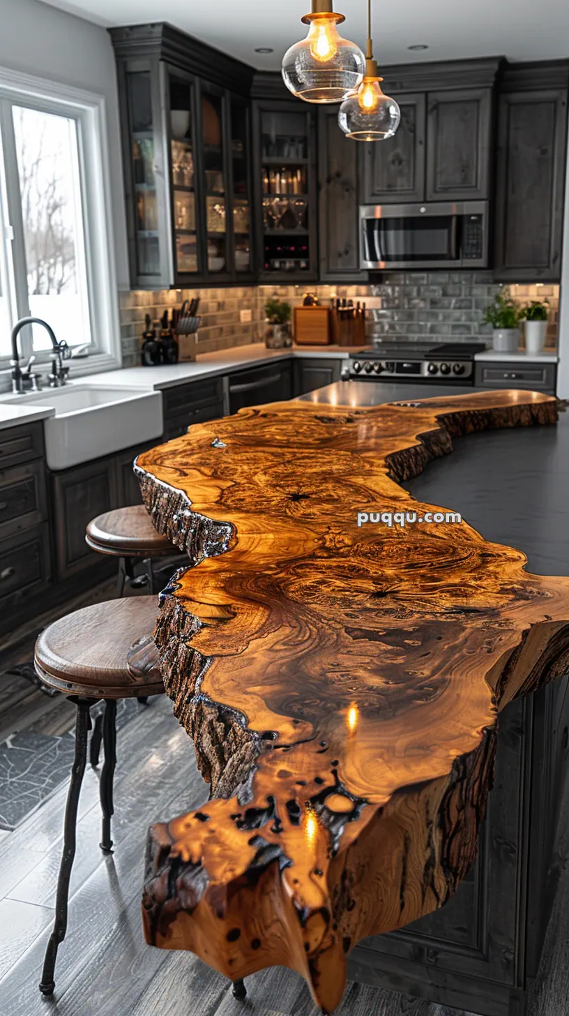 Rustic kitchen with a polished live edge wooden countertop, dark cabinetry, and industrial pendant lighting.