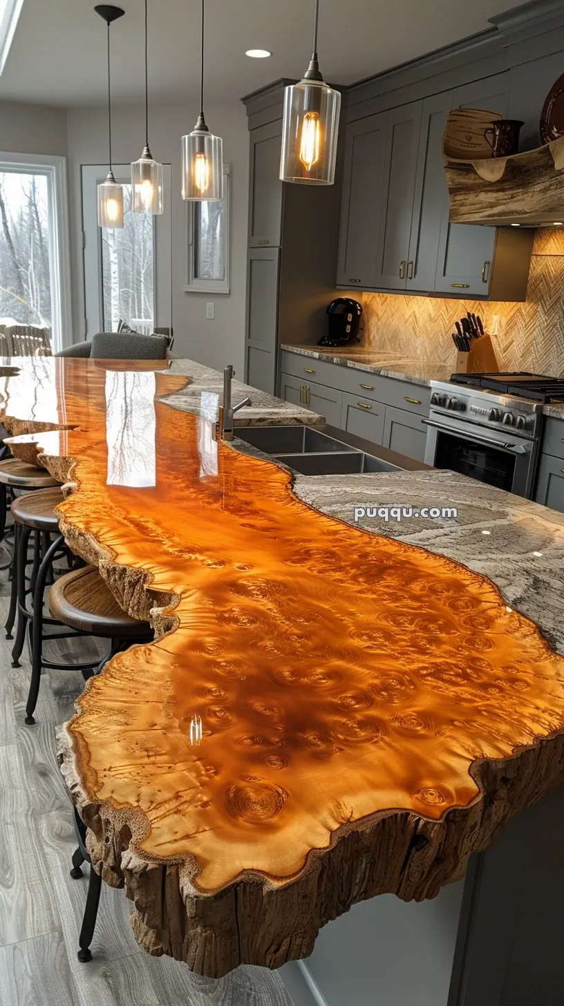 Kitchen with a live edge wood and resin countertop, gray cabinets, modern pendant lights, and a herringbone tile backsplash.