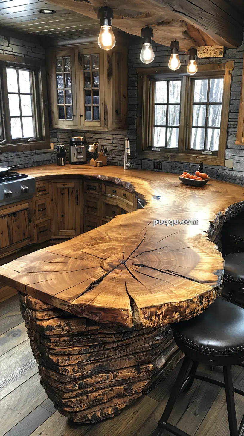 Rustic kitchen with a large live-edge wooden countertop and industrial-style lighting.