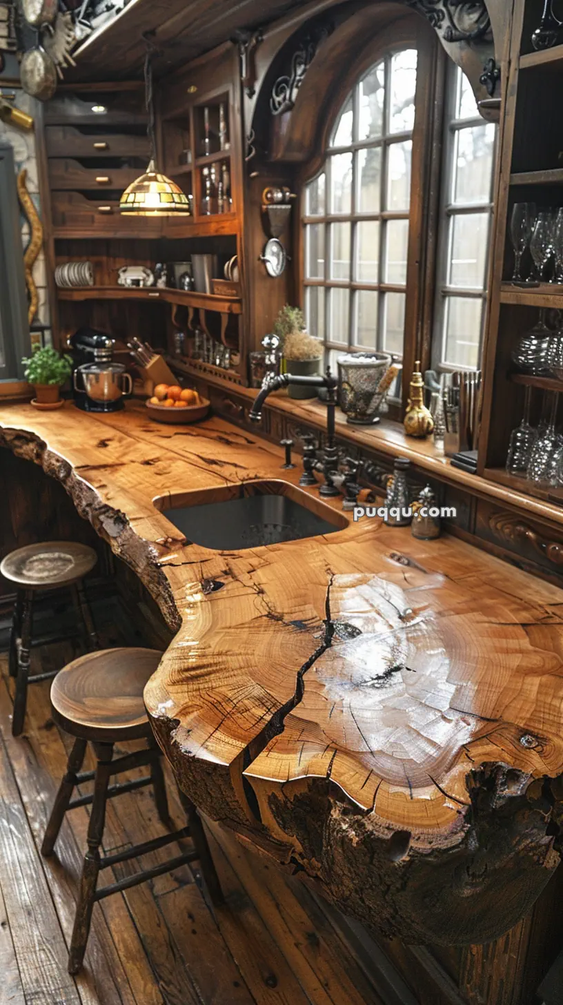 Rustic kitchen with a live edge wooden countertop, stools, hanging lamp, and shelves filled with kitchenware.