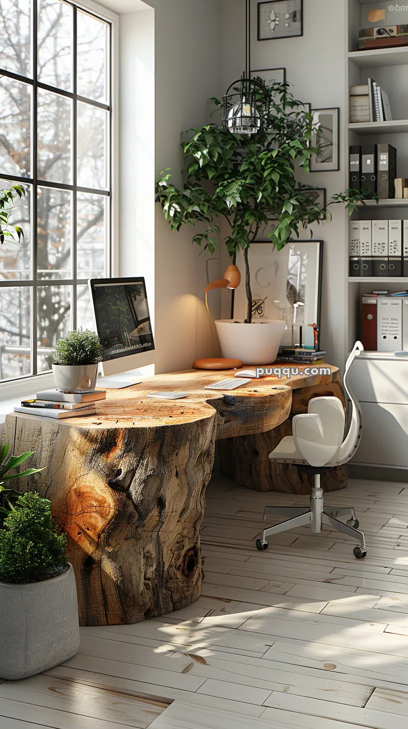 Modern home office with a wooden slab desk, computer, potted plants, and shelves, illuminated by natural light from large windows.