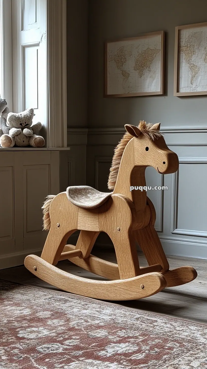 A wooden rocking horse in a room beside a window with plush toys on the windowsill and framed maps on the wall.