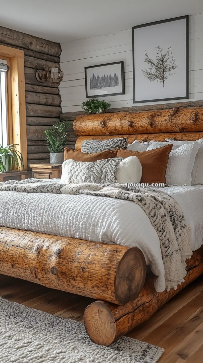 Rustic bedroom with a log cabin style bed frame, cozy white bedding, brown accent pillows, potted plants, and nature-themed wall art.