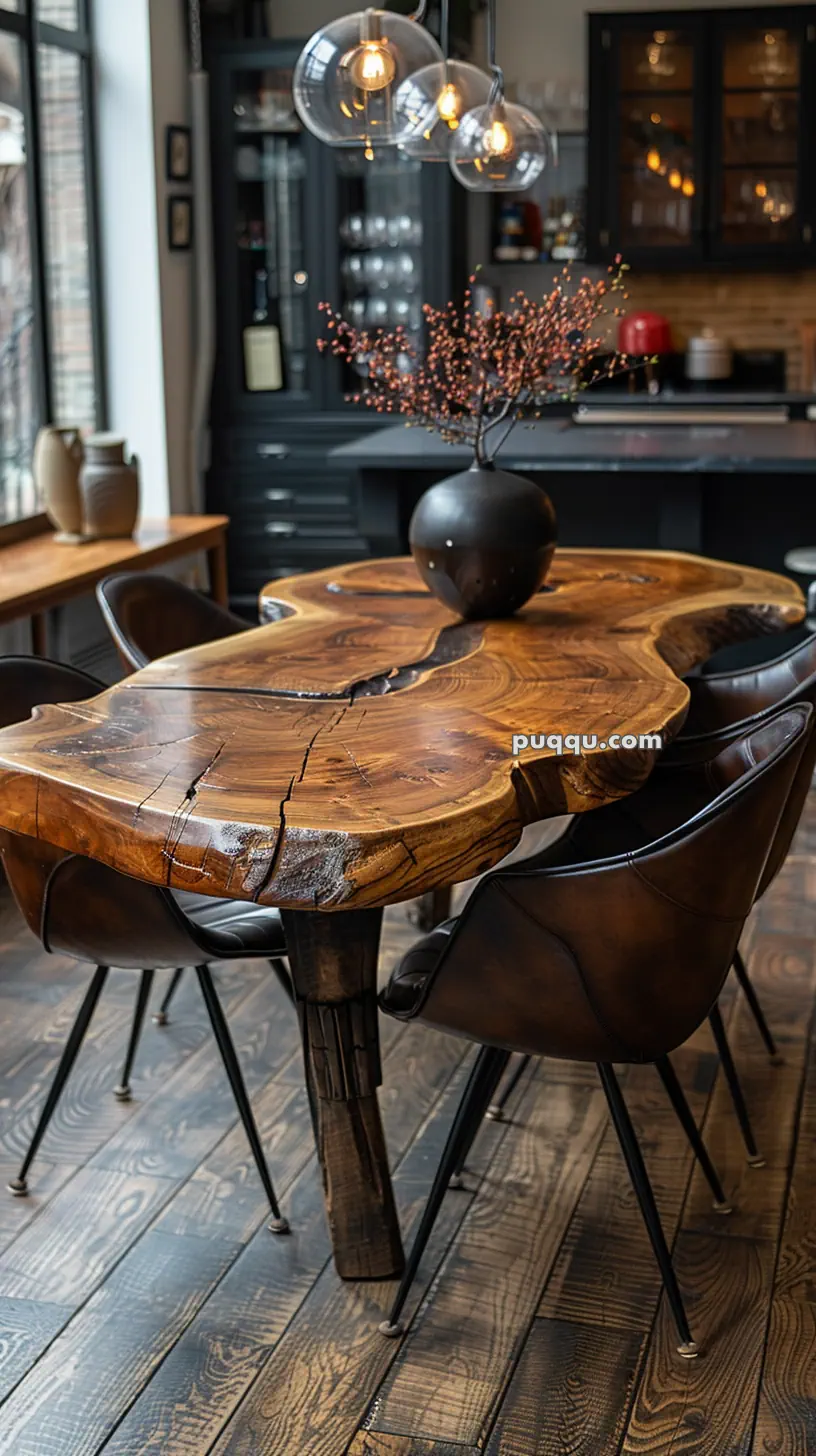 Rustic wooden dining table with natural edges, surrounded by dark chairs, in a modern dining room with pendant lights.