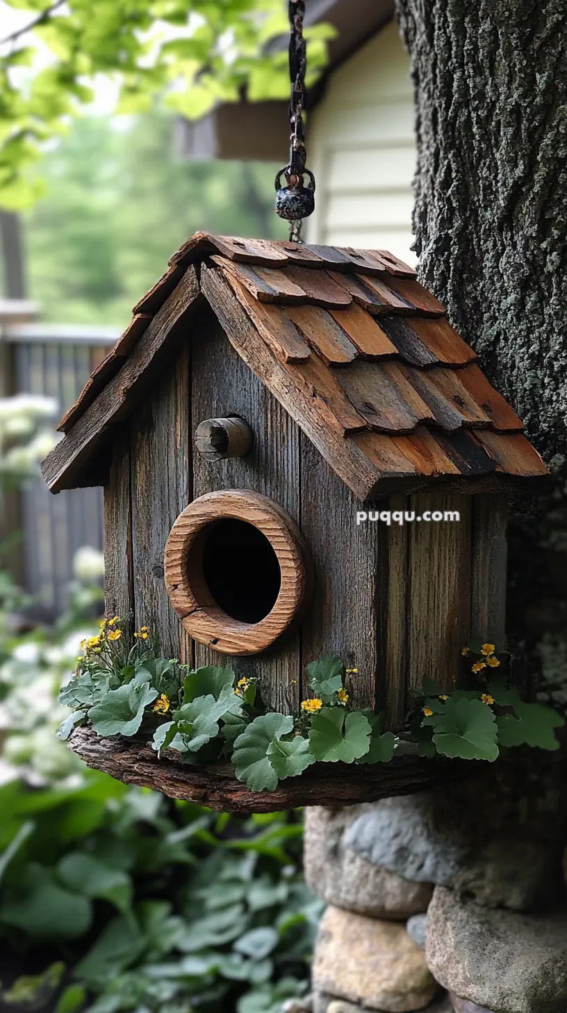 Rustic wooden birdhouse attached to a tree, surrounded by greenery and small yellow flowers.