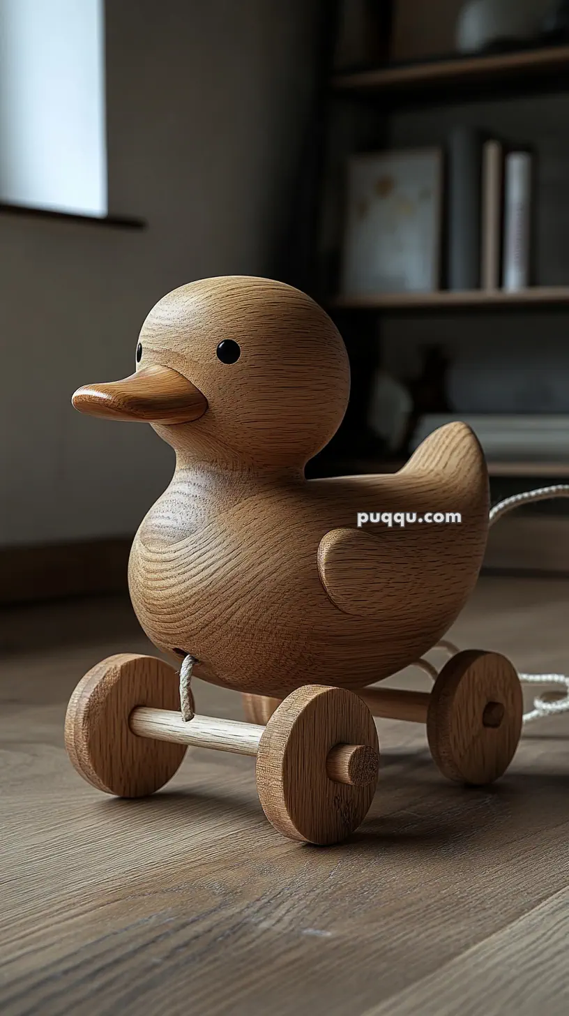 Wooden duck pull toy on wheels placed on a wooden floor.