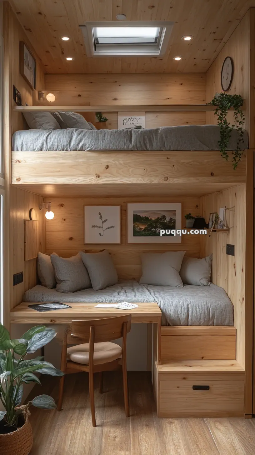 Cozy wooden loft bed with a skylight, integrated desk, potted plant, and wall decorations.