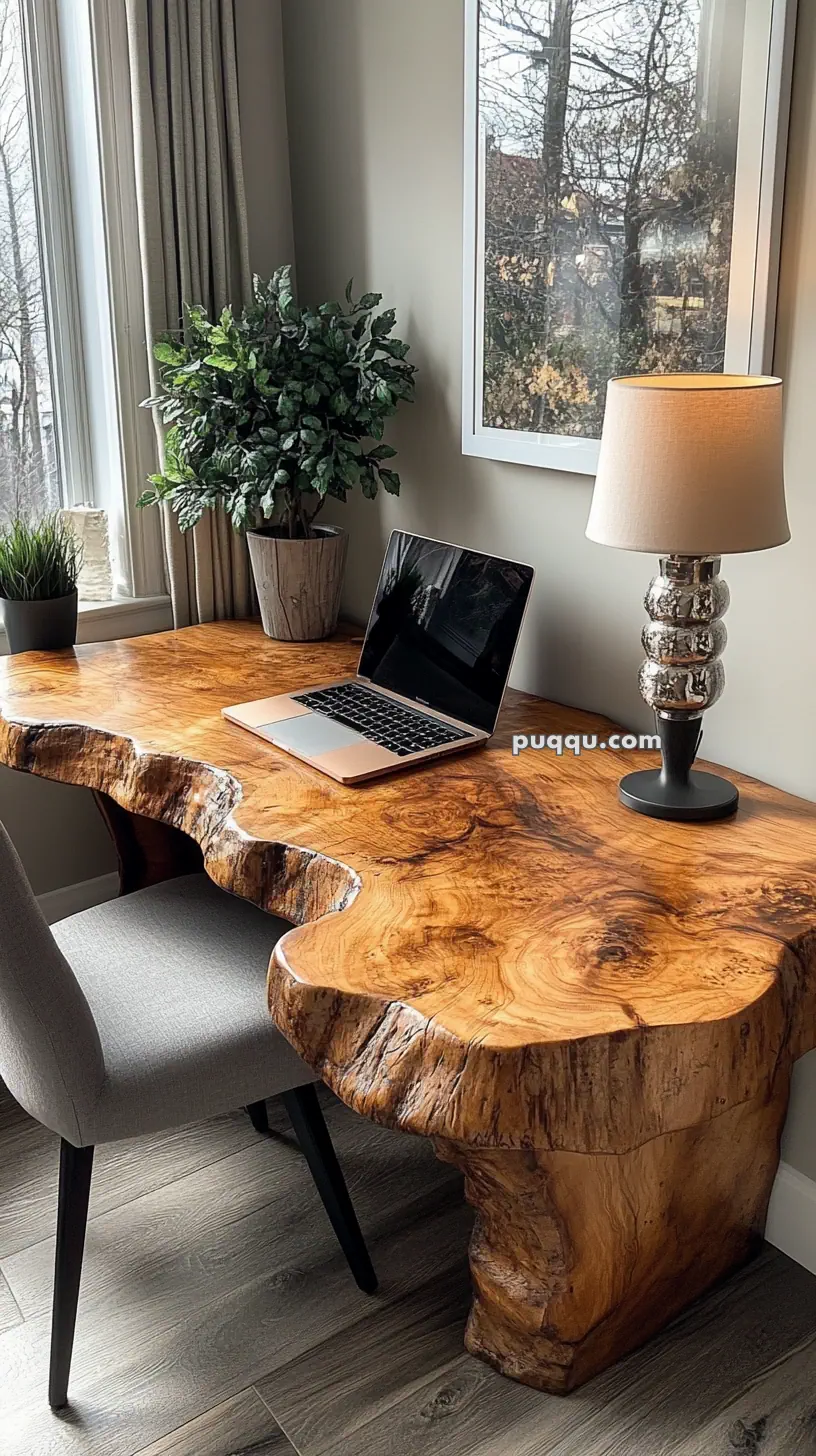 Rustic wooden desk with a natural edge, featuring a laptop, modern lamp, and potted plant, situated by a window with a nature view.