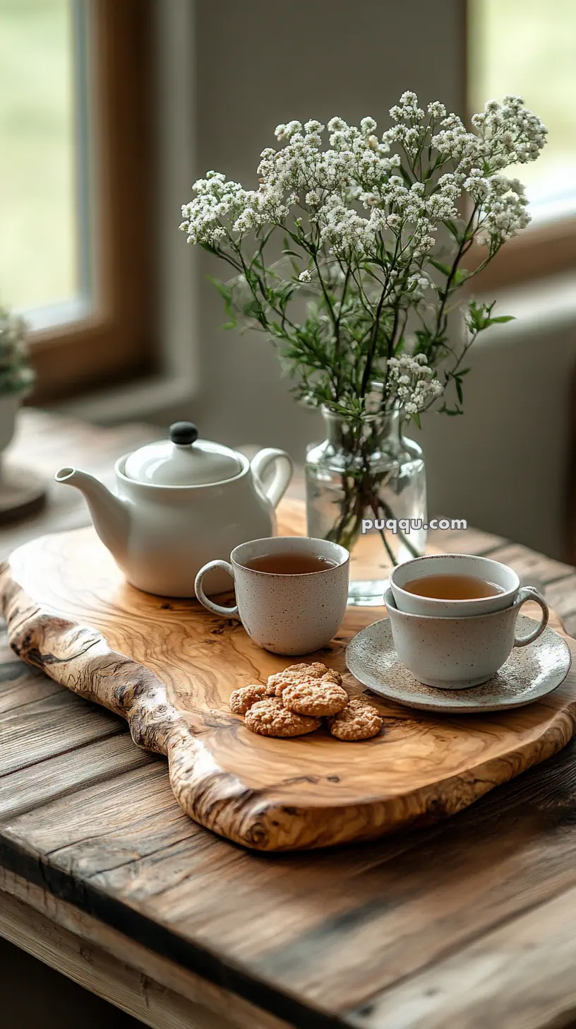 Tea set with two cups and cookies on a wooden tray, accompanied by a vase of white flowers.