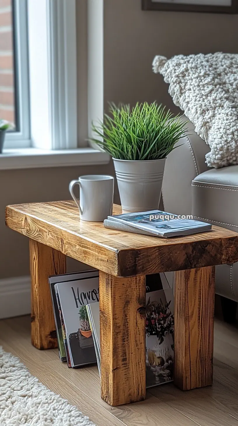 A rustic wooden side table with a potted plant, a white mug, and a book on top, next to a sofa and a window.