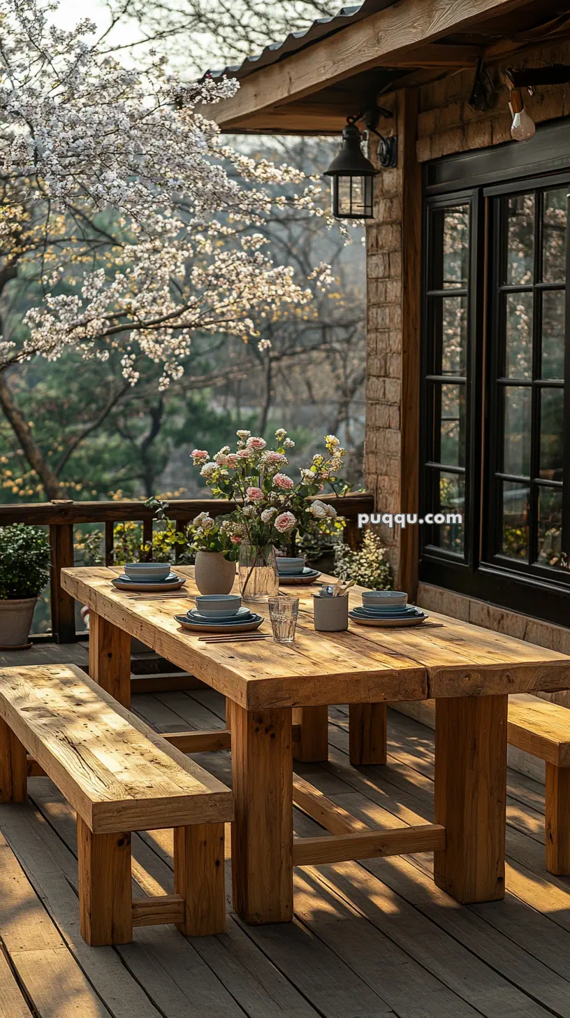 Rustic wooden outdoor dining table set with dishes and a vase of flowers, under blooming trees on a wooden deck.