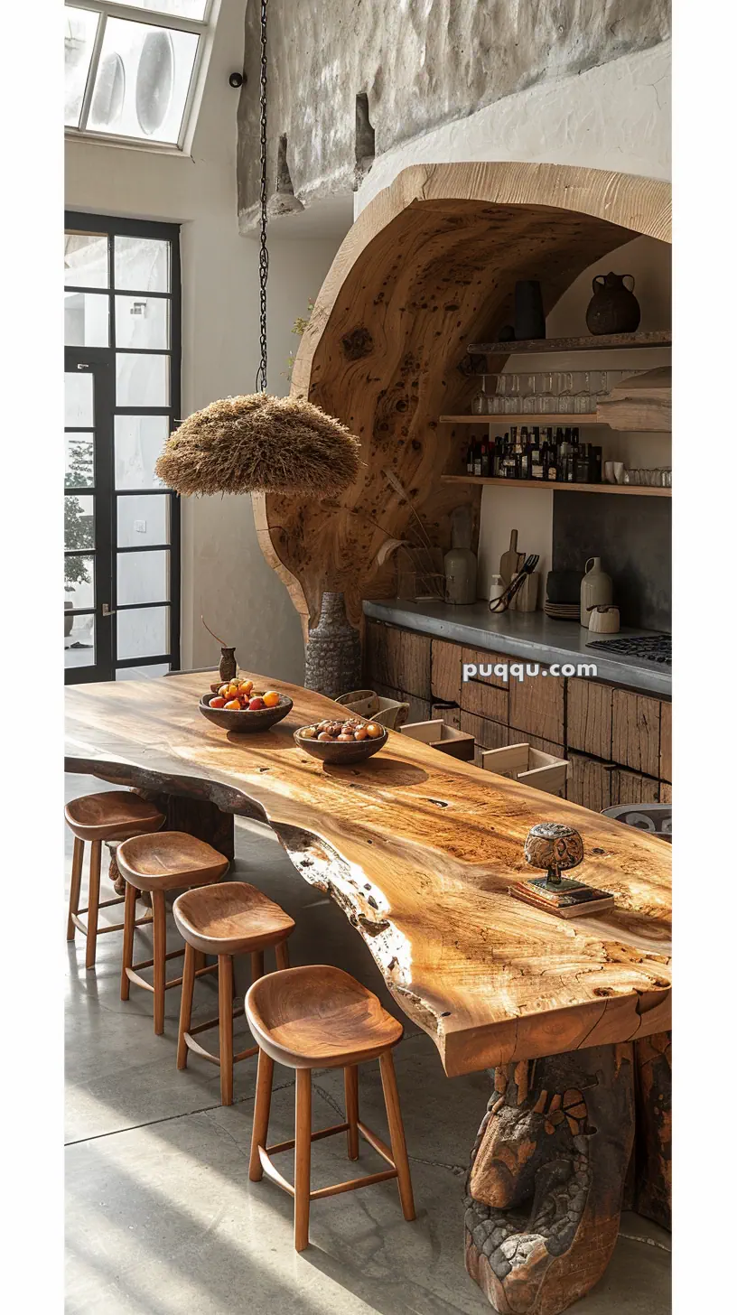 Rustic kitchen with a large wooden slab table, wooden stools, and a straw light fixture, featuring exposed wooden and stone elements.