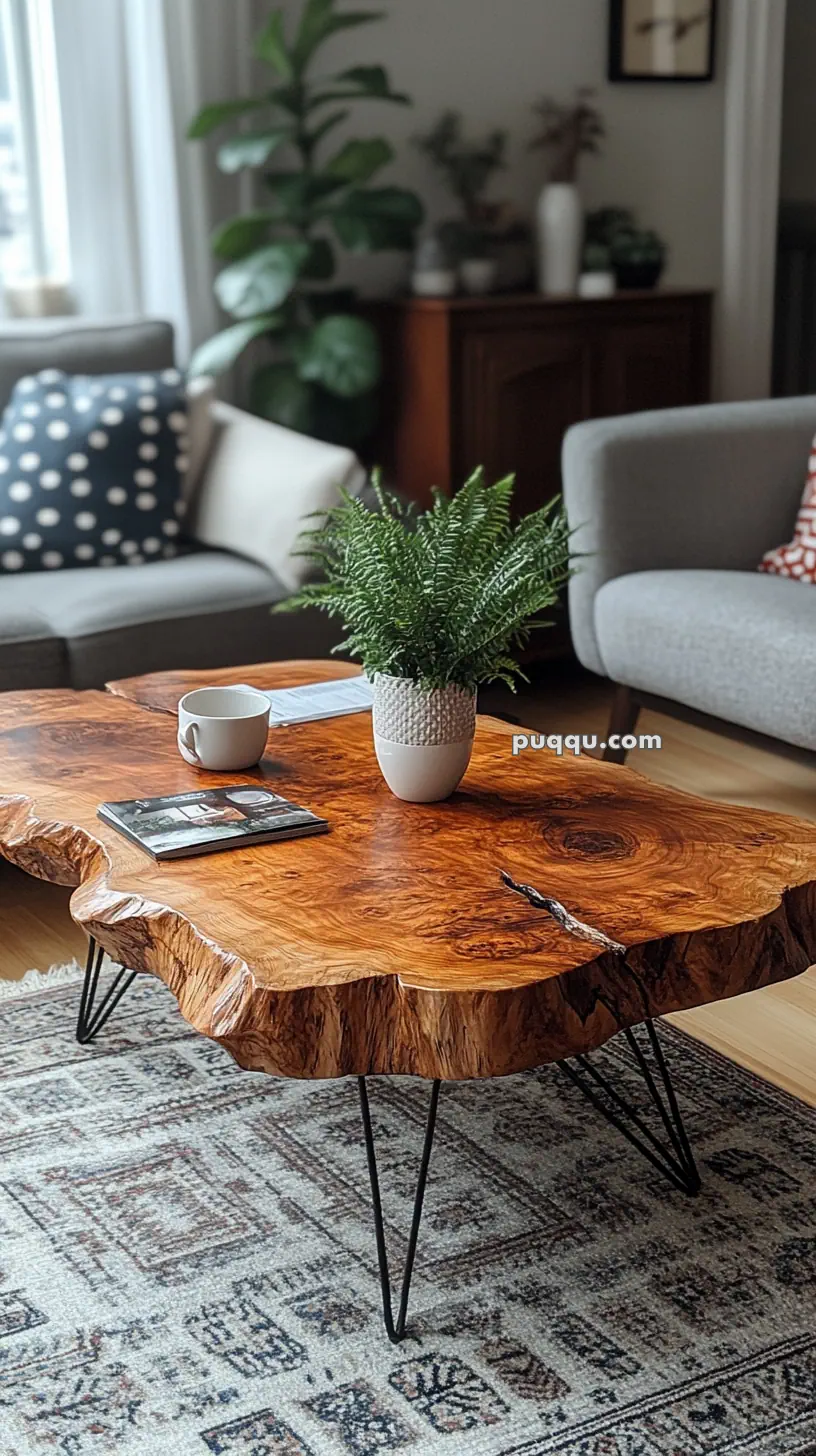 Wooden coffee table with metal legs, featuring a potted plant, a cup, and a book in a cozy living room setting with sofas and houseplants.