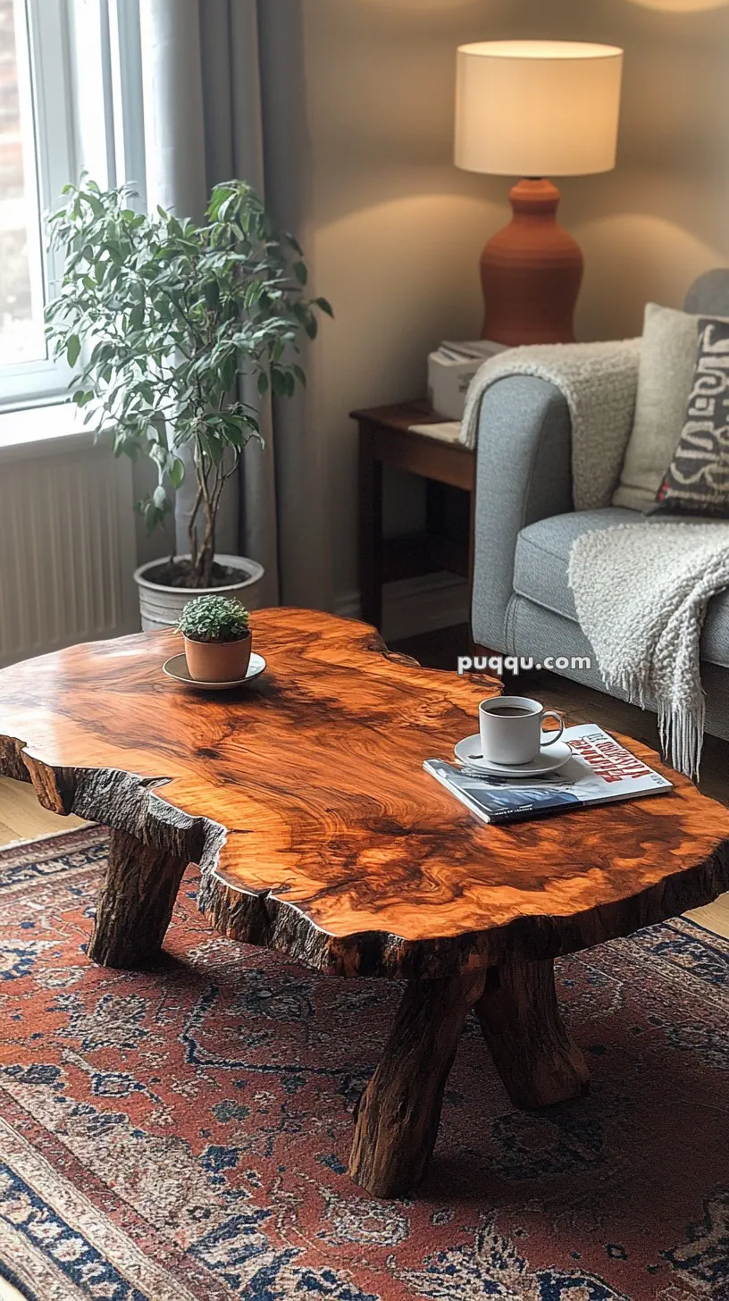 A rustic wooden coffee table with a natural edge, placed on a patterned rug in a cozy living room. A cup of coffee and a small plant are placed on top, with a sofa and lamp in the background.