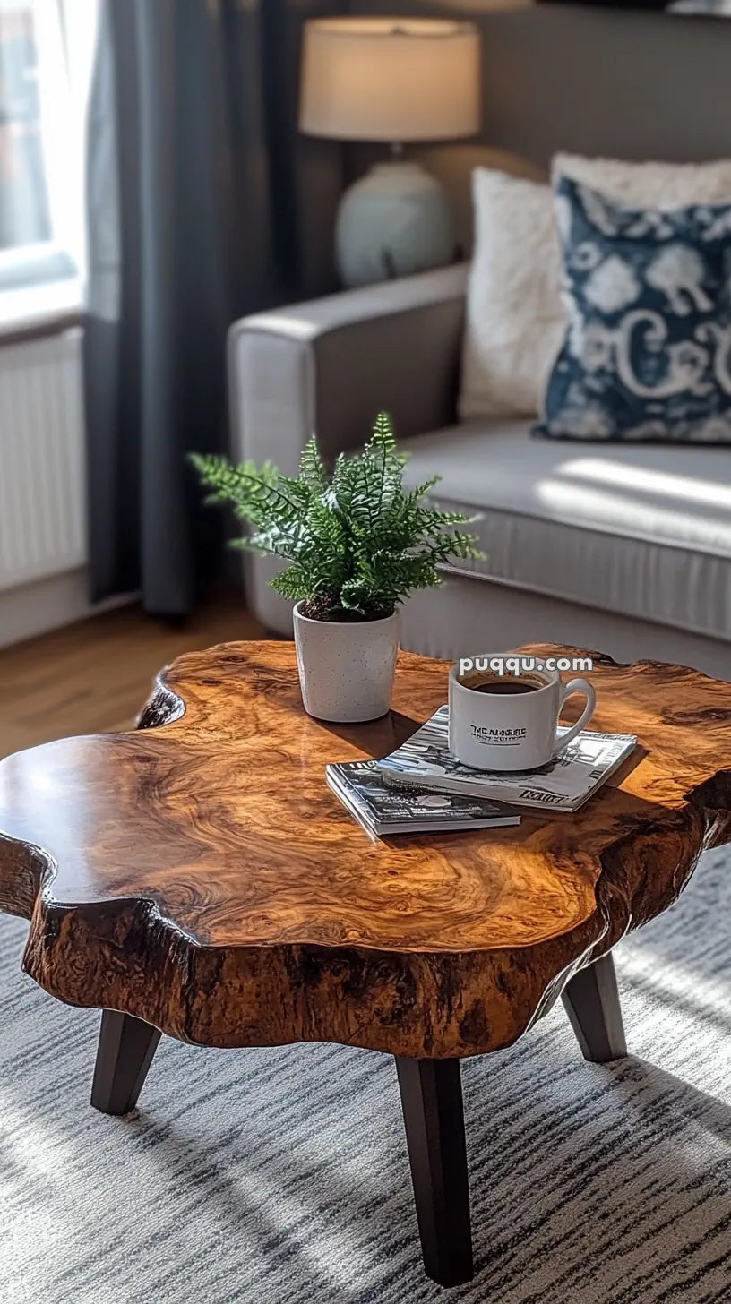 A rustic wooden coffee table with a potted fern, magazines, and a mug sits in a cozy living room with a sofa and lamp.