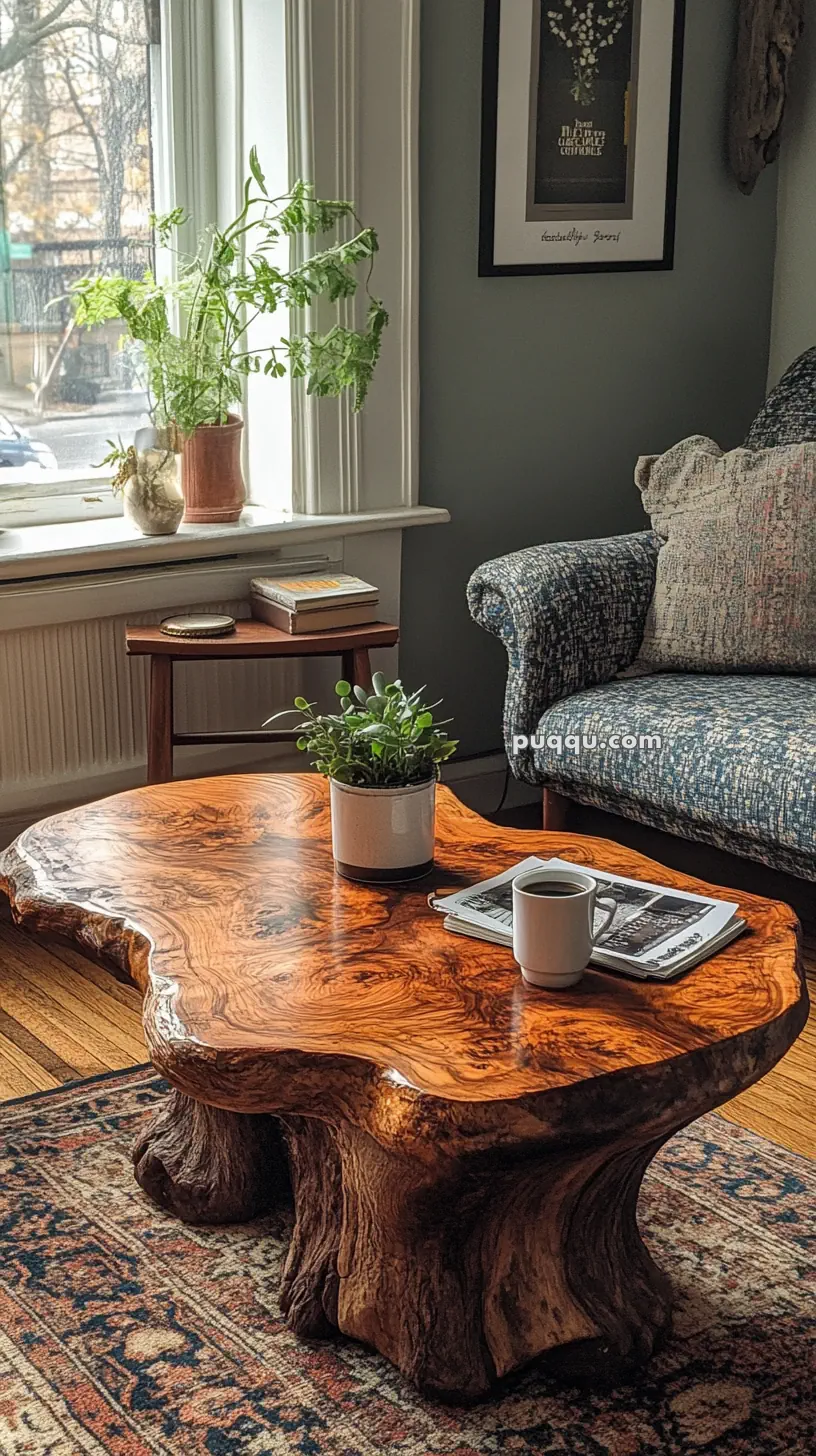 Rustic living room with a large wooden coffee table, potted plants, a sofa, and a window with natural light.