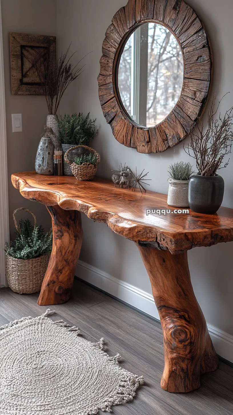 Rustic wooden console table with decorative items, set against a wall featuring an oval mirror with a wooden frame.