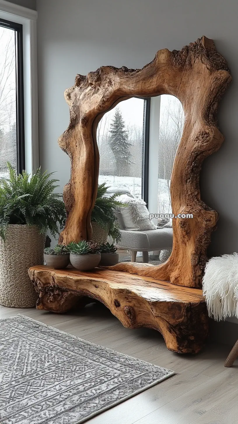 A large, rustic wood-framed mirror with a natural, uneven edge, situated in a room with large windows, a patterned rug, and potted plants nearby.