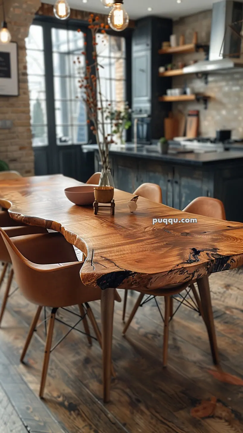 A rustic wooden dining table with a natural edge in a modern kitchen setting, surrounded by brown chairs.