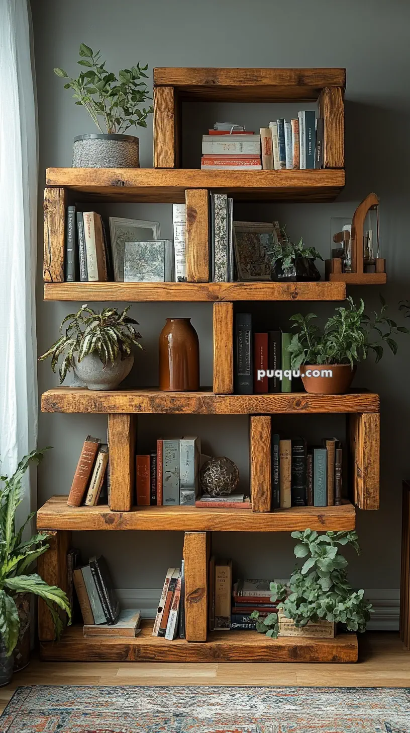 A wooden bookshelf filled with books and potted plants.