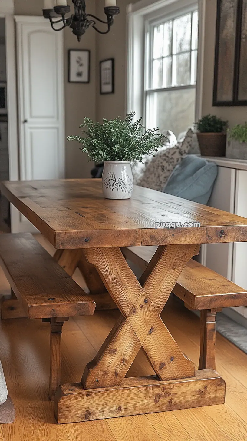 A rustic wooden dining table with a matching bench, featuring an X-shaped support and a potted plant centerpiece, set in a cozy, well-lit dining area.