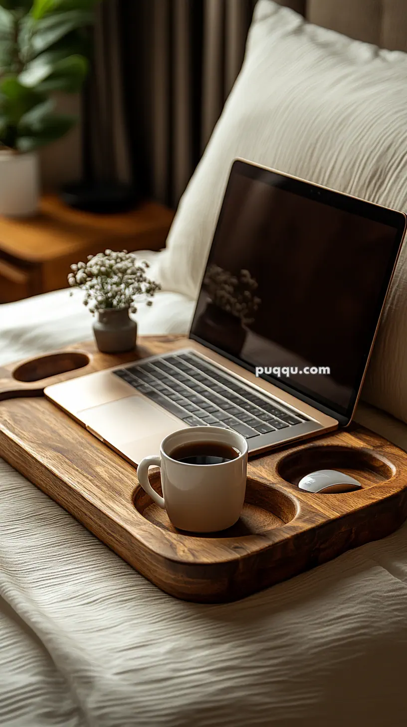 Laptop on a wooden tray with a cup of coffee and a small plant on a bed.